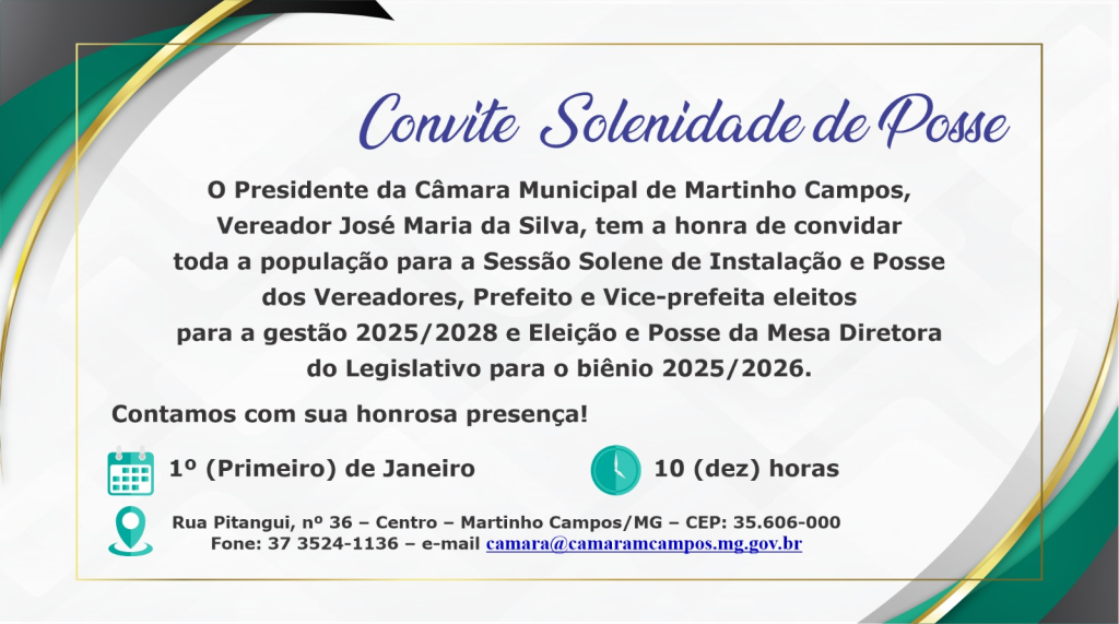 Convite Solenidade de Posse dos Vereadores, Prefeito e Vice-prefeita